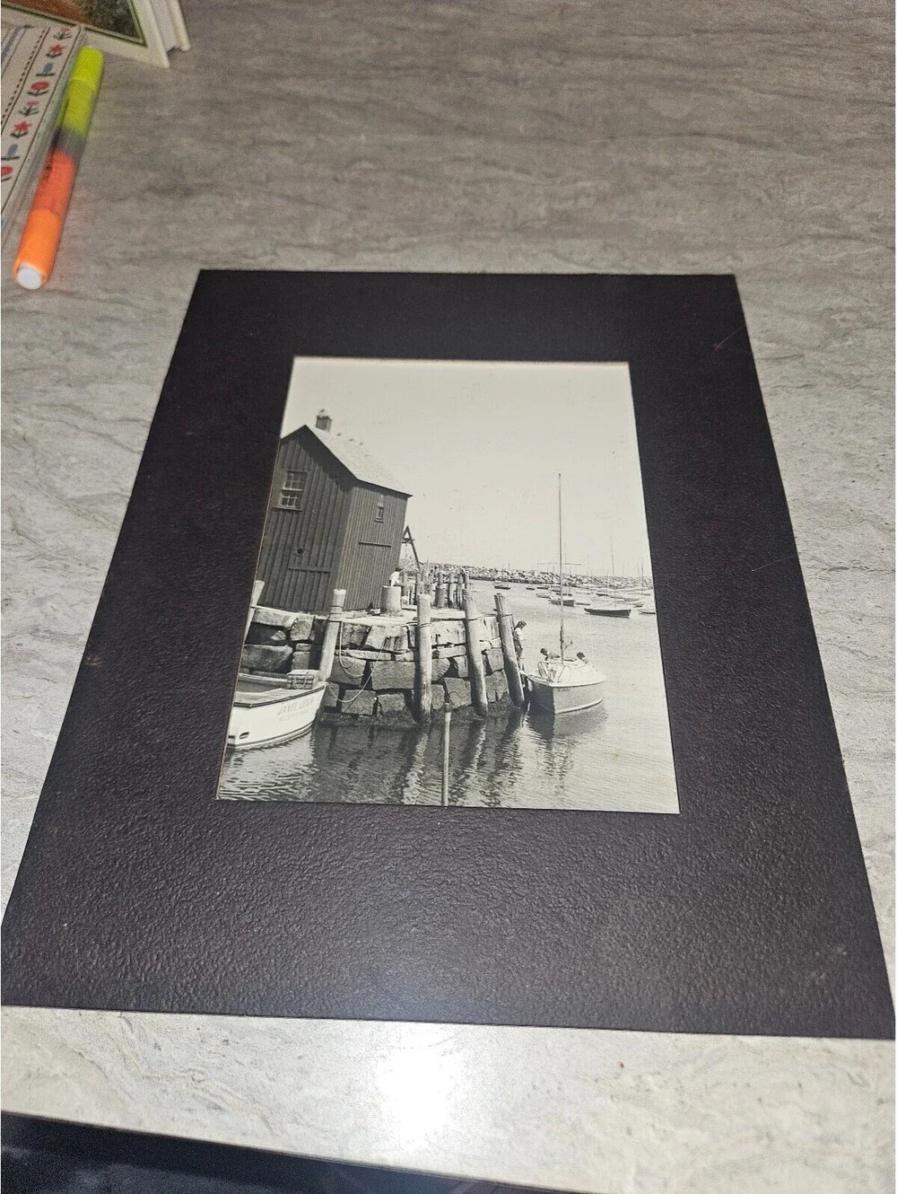 Vintage Black and White Harbor Photo with Boats and Dock